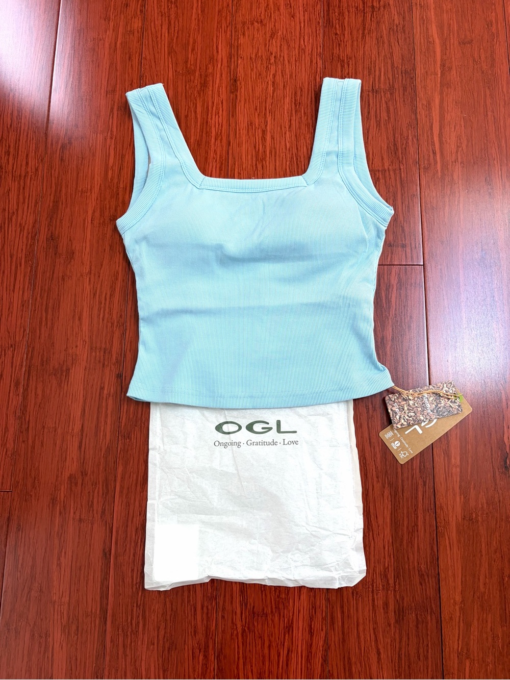 OGL Sky Blue Ribbed Square back Cropped Tank, size XS